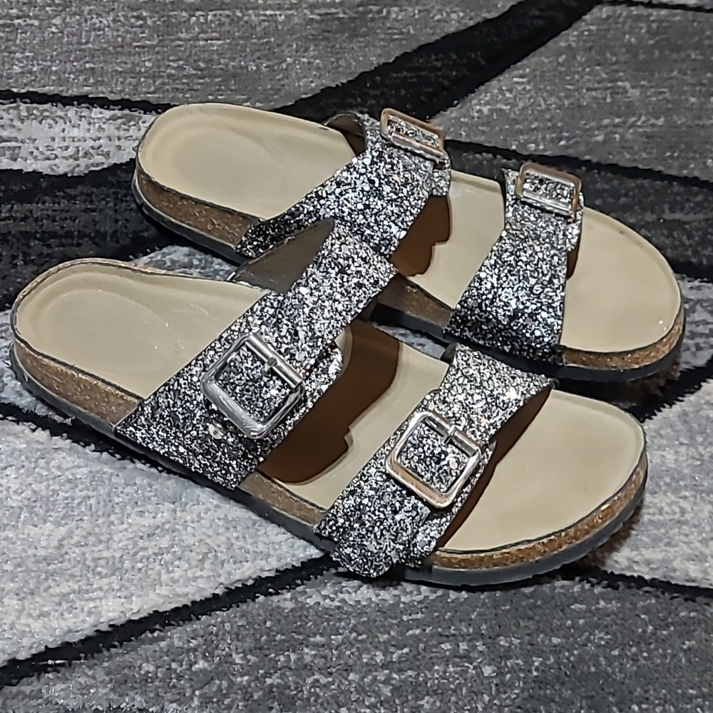GLITTER SHINE SEQUINS DOUBLE STRAPS BUCKLE SANDALS